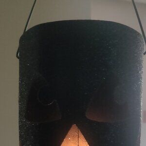 Metal Glittery Black Pumpkin Light or Candle Holder Jack O Lantern with Handle